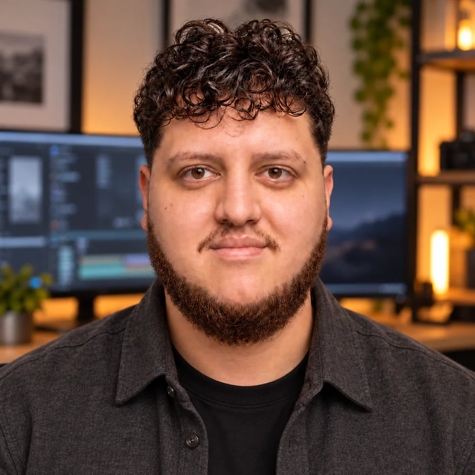 Junior Fortunato with dark curly hair and a beard, wearing a charcoal shirt in a warmly lit workspace.